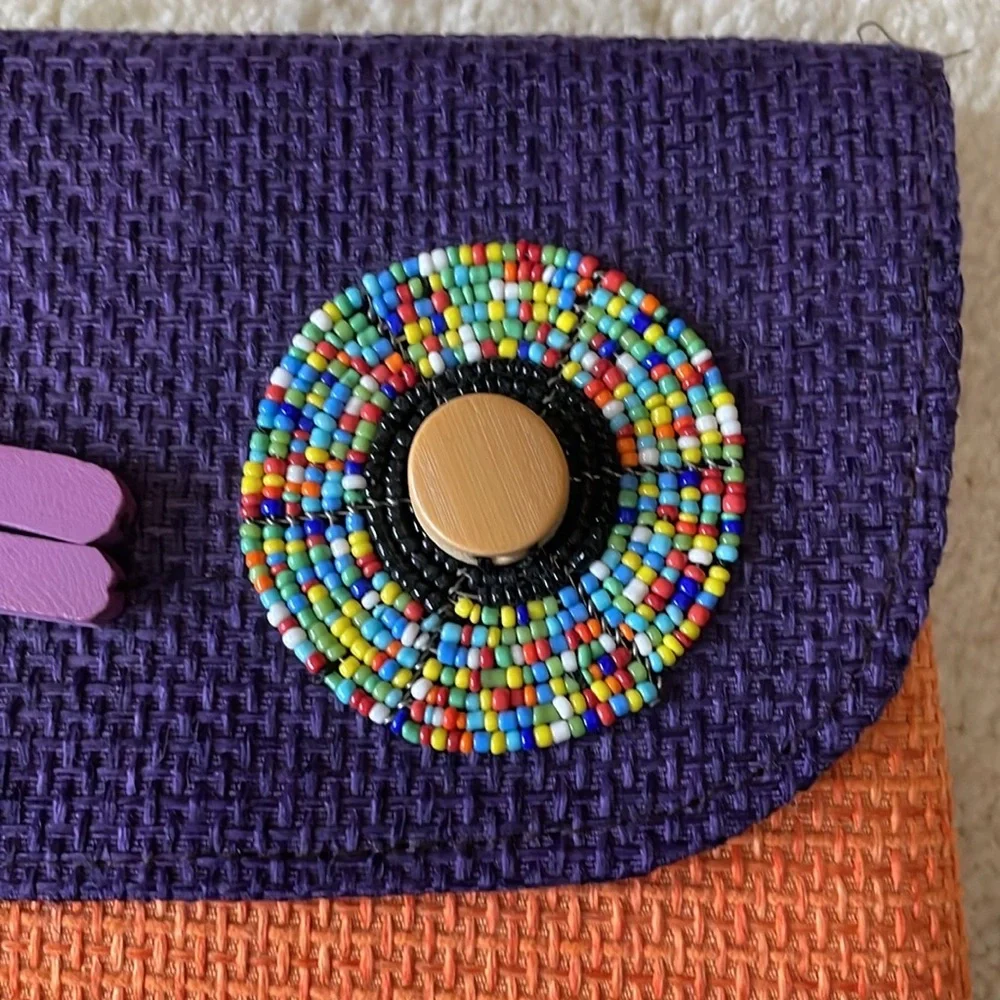 NWOT African Handmade Woven Womens Abstract Clutch Purse orange purple snap
